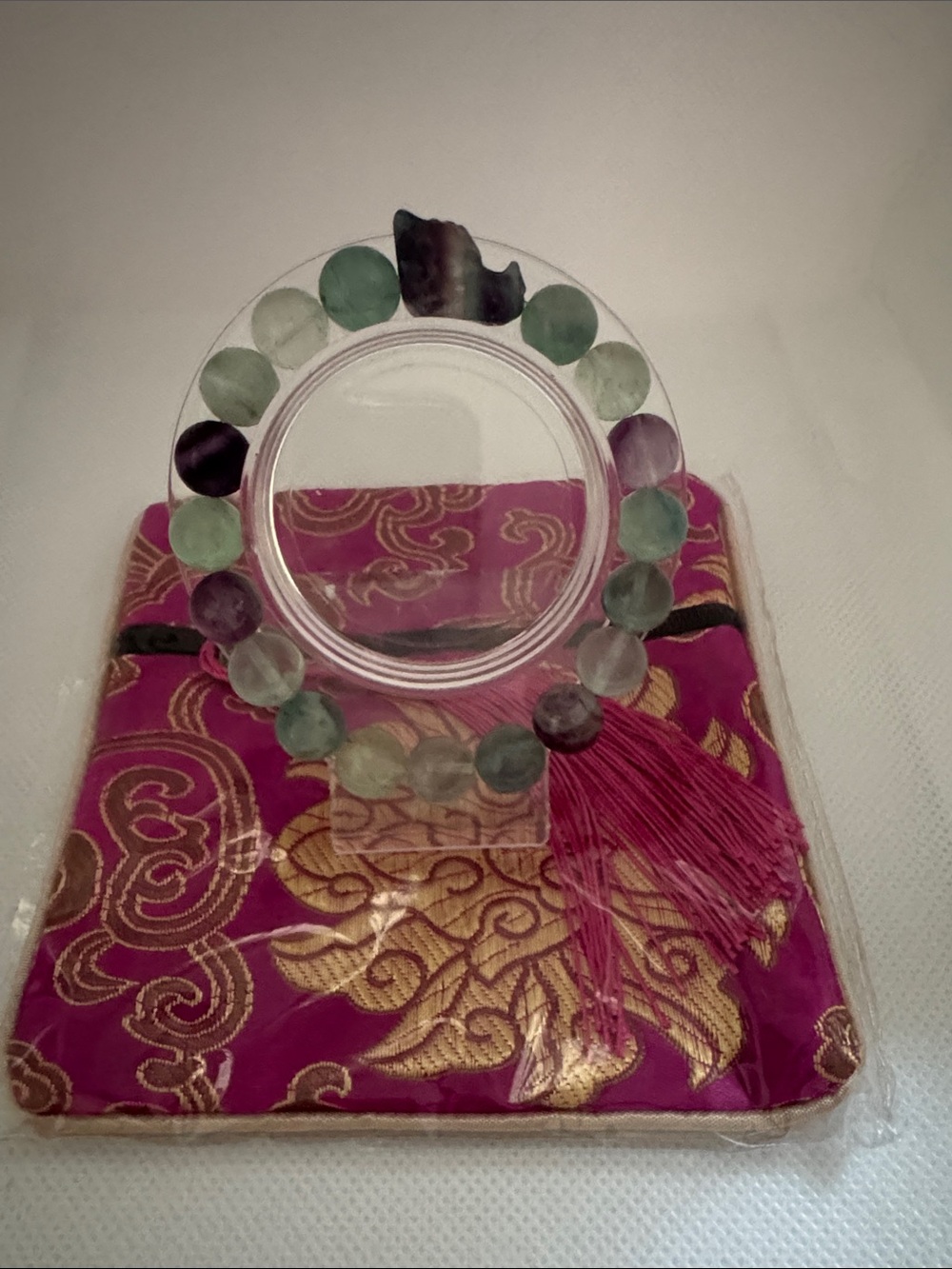 Fluorite Bead Stretch Bracelet with Dragonhead bead. Green, Purple and Blue